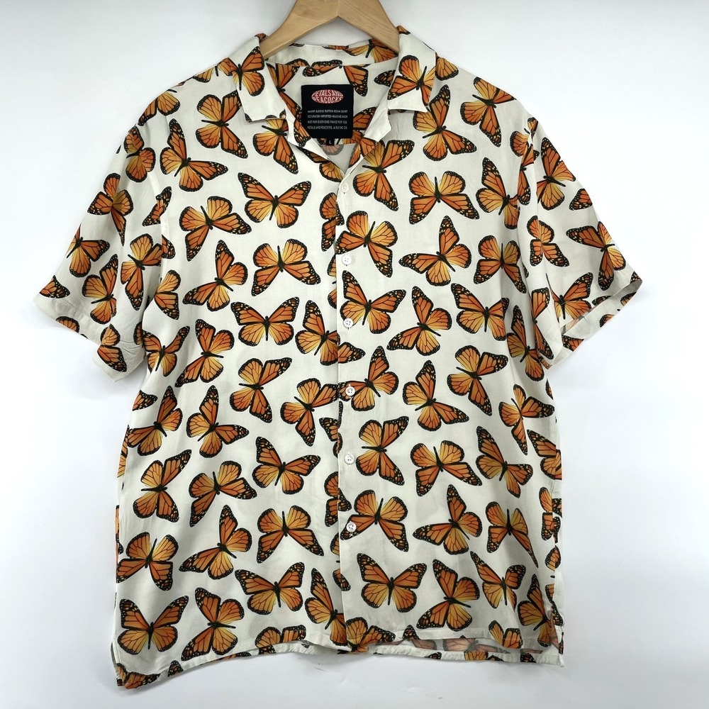 Petals & Peacocks Hawaiian Camp Shirt Mens M/L Rayon Monarch Butterflies AOP